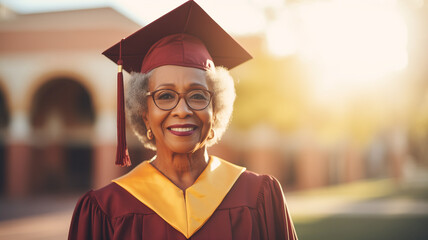 Portrait African American Elderly woman pensioner student celebration proud success graduation background university. Concept Cheerful old academic