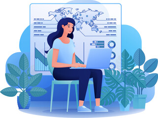 Woman business person student on laptop remote home working writing analysing website internet document infographic stats. Cartoon data analysis, financial stock market trading report finance concept.