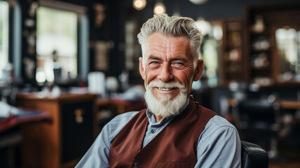 Portrait of happy hipster elder man with haircut in retro barbershop background, barber shop for pensioner concept.