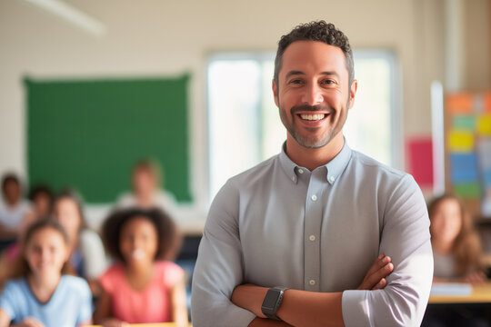 Portrait happy confident young man teacher of elementary school kids on background classroom with children, sunlight