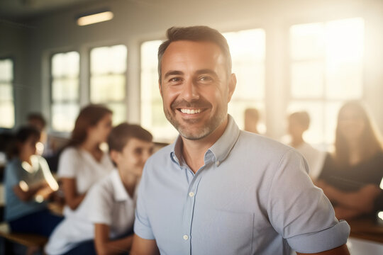 Portrait happy confident young man teacher of elementary school kids on background classroom with children, sunlight