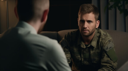 Session psychology after war. Soldier talking to doctor, have therapy with psychologist. Concept Post traumatic stress disorder in army. - obrazy, fototapety, plakaty
