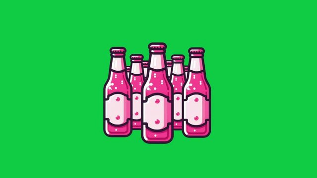 Animated of refreshment with five pink soda bottles against a bright green screen. The illustration is simple and cartoonish, but also eye-catching and appealing.
