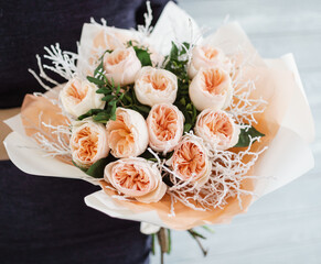 nice bouquet in the hands, Peach Fuzz roses