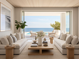Modern and airy living room with a minimalist design and stunning beachfront views