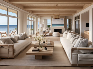 Open-plan living area with panoramic beach views, natural wood floors, and a calming palette