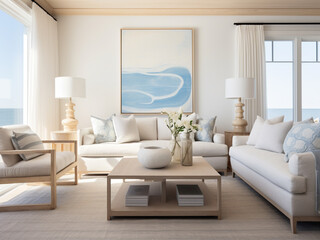 Chic and modern living room with a beach house style, sleek furniture, and light tones