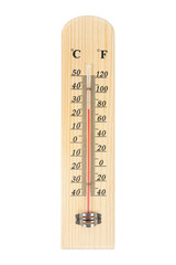 Wooden celsius and fahrenheit scale thermometer isolated on transparent background,Ambient temperature plus 25 celsius degrees. - obrazy, fototapety, plakaty