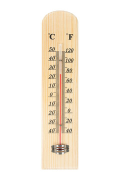Wooden celsius and fahrenheit scale thermometer isolated on transparent background,Ambient temperature plus 25 celsius degrees.