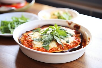 baked eggplant parmesan in a ceramic dish with basil garnish