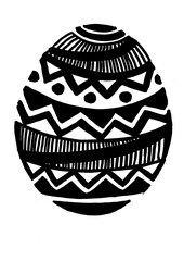The Easter egg is filled with a black geometric ornament. Isolated on white background. Lines of different thickness. Zigzags, circles, triangles. Doodle.