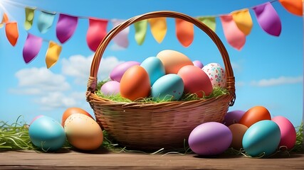 easter eggs in a basket,Easter wicker basket with vibrantly painted eggs on a sunny day, an egg hunt, and a banner background.