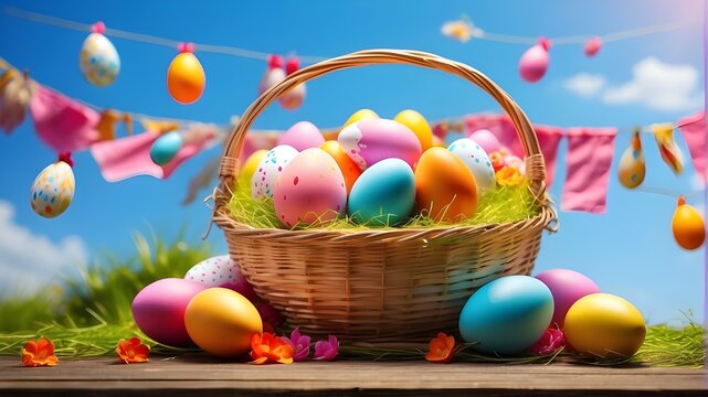 easter basket with eggs and flowers,Easter wicker basket with vibrantly painted eggs on a sunny day, an egg hunt, and a banner background.
