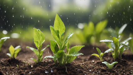 young plants growing up on ground with raining drop, save wold and green green environment concept.