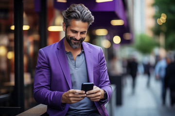 Happy smiling relaxed young businessman holding smartphone using mobile phone digital technology apps. Typing message and chatting. Generative Ai. - Powered by Adobe