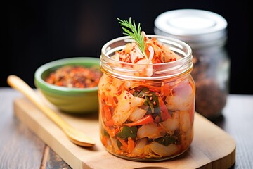 fresh kimchi in a glass jar with chili peppers nearby