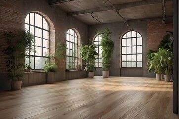 Empty room of modern contemporary loft with plants on the wooden floor. copy space