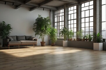 Empty room of modern contemporary loft with plants on the wooden floor. copy space