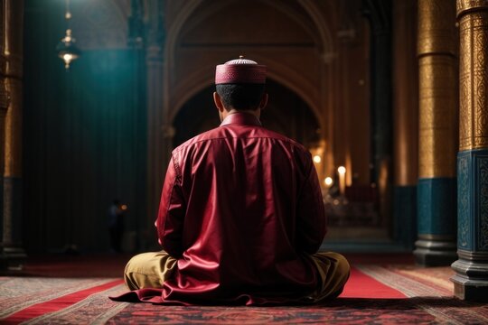 The back of a Muslim man performing prayers