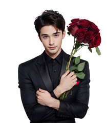 handsome young man wearing a suit holding a bouquet on Valentine's Day
