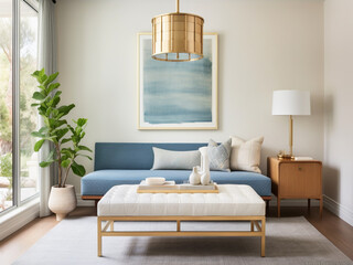 Stylish room with a tufted bench, brass details, and a statement-making pendant light