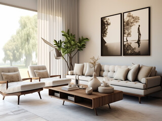 An elegant and stylish living room with a mix of textures and a neutral palette