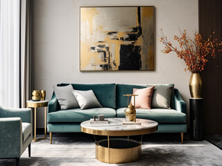 Chic and modern with a velvet sofa, a marble coffee table, and brass accents
