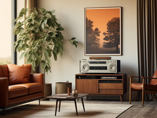 A serene setting with earth-toned décor and a vintage record player in the corner