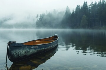 canoe in the water in nature with fog - obrazy, fototapety, plakaty