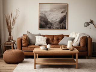 A warm, rustic living room with a leather sofa, a wood coffee table, and a cozy knit throw