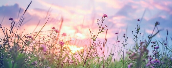 green grass with flowers and lots of pink and purple clouds