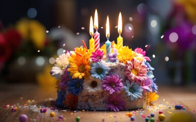 birthday cake with a candle on a background of colorful tinsel