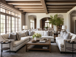 Fototapeta premium Inviting living room with traditional wooden beams and chic, modern furniture