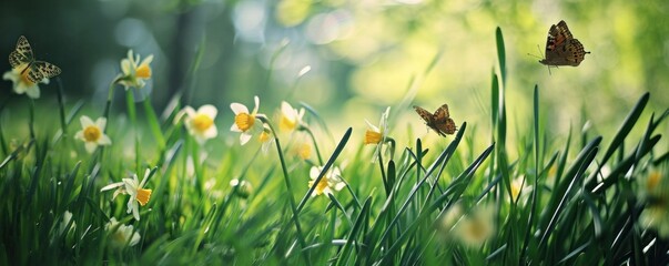 green grass with butterflies and daffodils