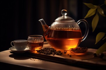 tea cups on wooden table on dark background