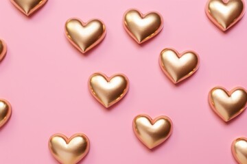 few gold hearts are decorated on a pink background