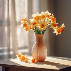 daffodils in a vase by a table