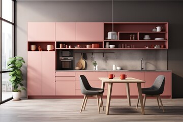 Modern minimalist peach fuzz kitchen with sleek handle less cabinets and efficient storage solutions