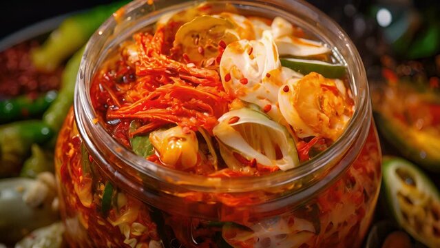 A detailed shot of a kimchi fermentation jar, bursting with vibrant colors and teeming with diverse strains of lactic acid bacteria.