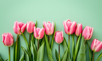 Fresh pink tulips on pastel menthe green background, Generative AI