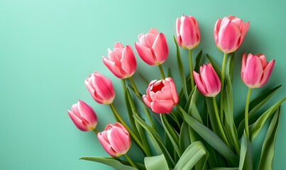 Obraz premium Fresh pink tulips on pastel menthe green background, Generative AI