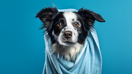 Border Collie Dog Wrapped in Towel on Blue Background