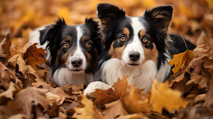 Border collie dogs laying in pile of autumn leaves
