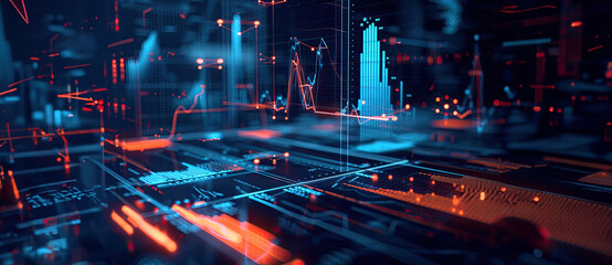 Illuminated financial graphs on digital screen with copy space