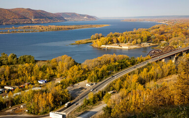 The picturesque Volga River against the backdrop of the Zhiguli Mountains on a sunny autumn day
