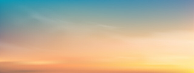 Sky Blue with cloud background,Vector Horizon beach sunset with yellow,pink,orange pastel in Spring,Panorama beautiful Nature morning sunrise sky in Summer,Banner landscape background - obrazy, fototapety, plakaty