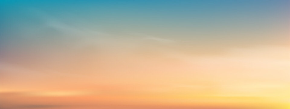 Sky Blue with cloud background,Vector Horizon beach sunset with yellow,pink,orange pastel in Spring,Panorama beautiful Nature morning sunrise sky in Summer,Banner landscape background