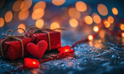 two red hearts and gifts sit on a background