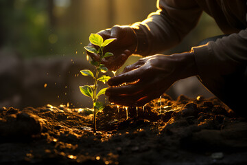 Elderly people's hands planting seedlings with morning sunlight.
