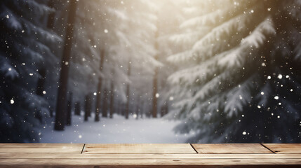Empty Wooden table against blurry tree and snowflakes in forest. Exuberant image.,